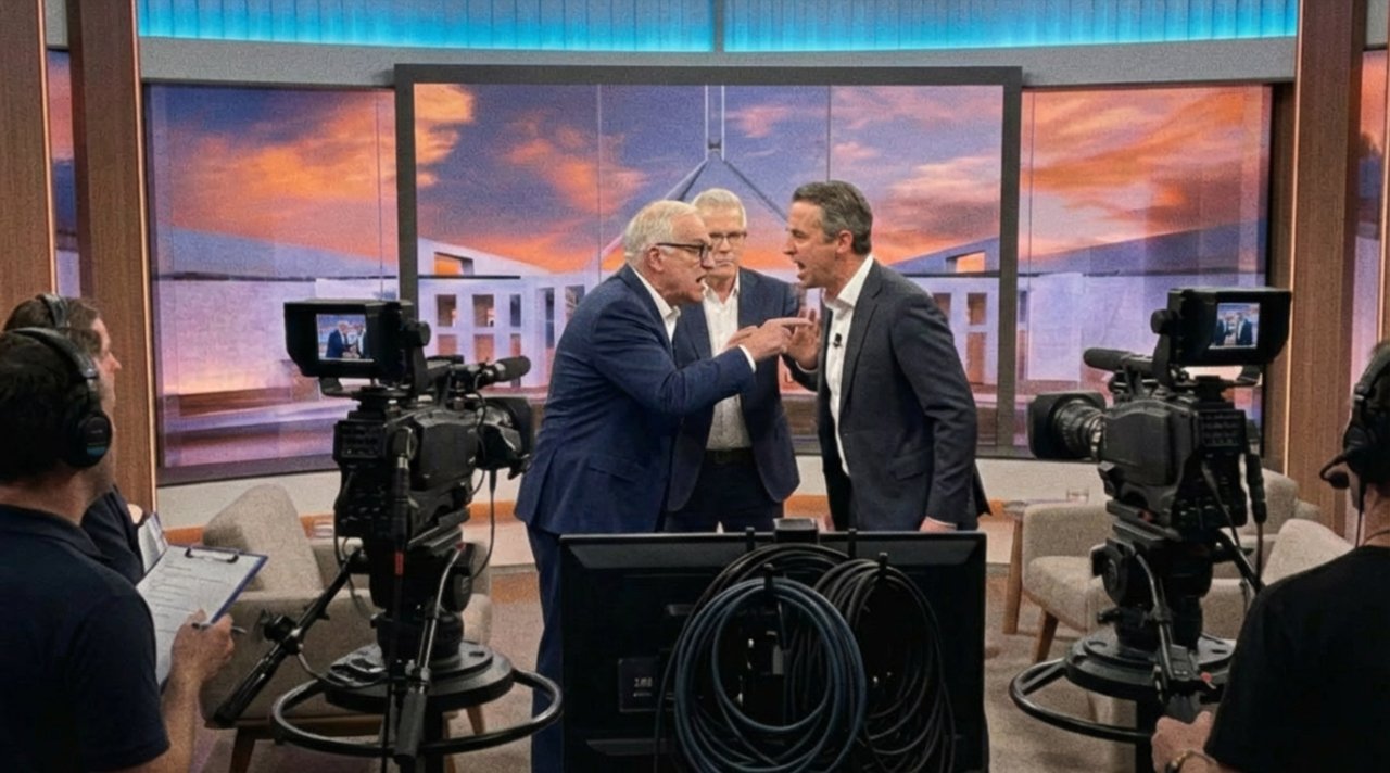 ABC Business Editor Alan Kohler (left) and Commonwealth Bank CEO Matt Comyn (right) moments before the explosive confrontation
